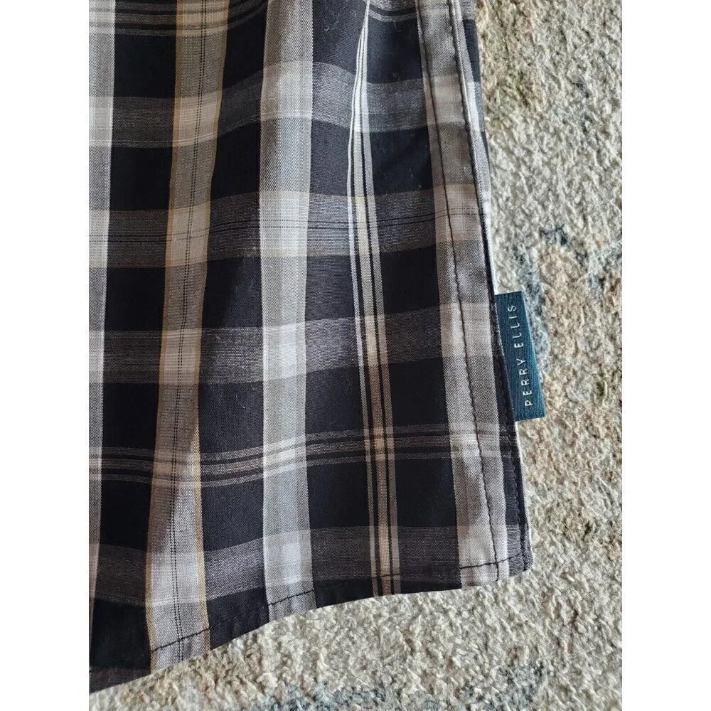 Perry Ellis Top Mens XXL Long Sleeve Button‎ Up Black Beige Plaid Cotton *READ*